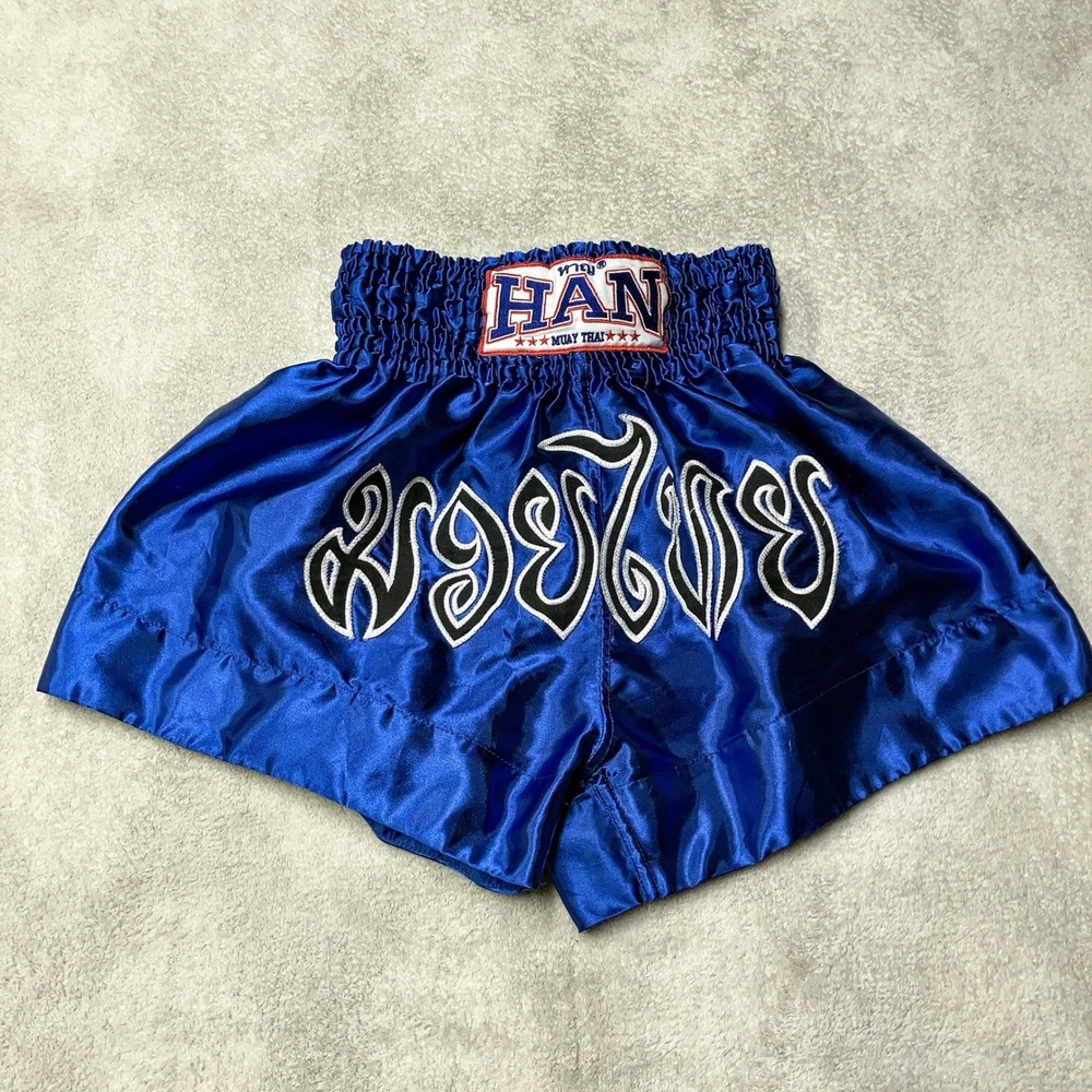 Vintage Han Muay Thai Shorts Men's L Kickboxing Blue Shiny Silky Dazzle Satin